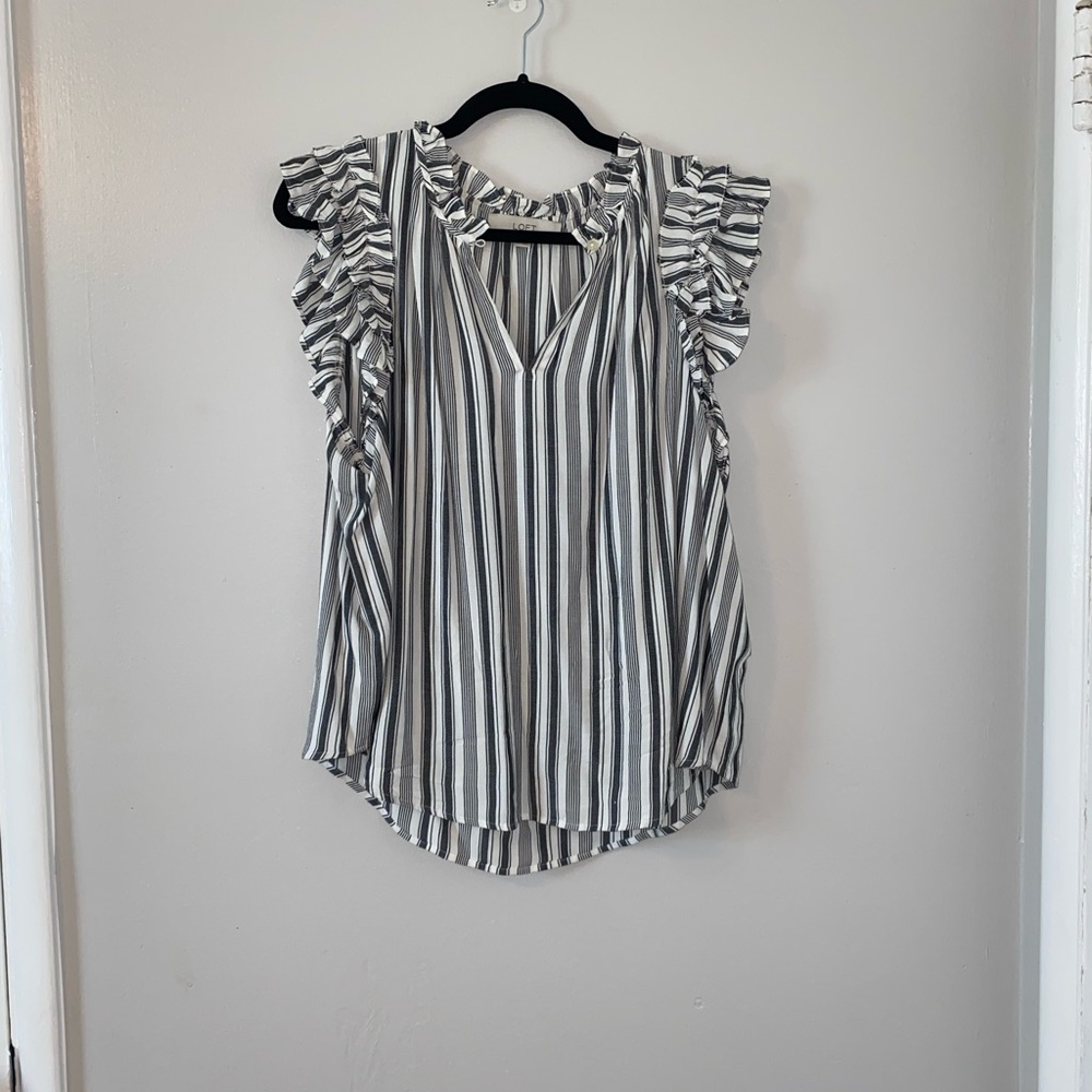 LOFT Black and White Striped Blouse Top with Ruffle Sleeve - Picture 2 of 6